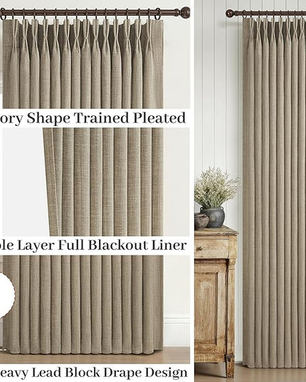 Oak Taupe Extra Long 108 Inch High Ceiling Curtains for Living Room 2 Panel Set, Memory Trained Pinch Pleated Blackout Double Layer Linen Soundproof Heat Block Boho Privacy Windows Curtain 9 FT Length