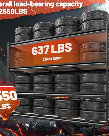 REIBII 48" W Garage Shelving Heavy Duty 2550 LBS Storage Shelves 4 Tier Heavy Duty Shelving, Adjustable Metal Shelves, Industrial Shelf for Garage, Warehouse, Pantry, 48" W x 60" H x 24" D