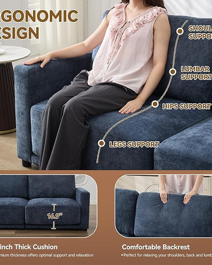 44.2" Chenille Oversized Chair with Movable Ottoman, Modular 1 Seat Couch with Thickened Cushions, Modern Single Sofa Chaise Lounge Reading Chair for Living Room, Small Apartment, Blue