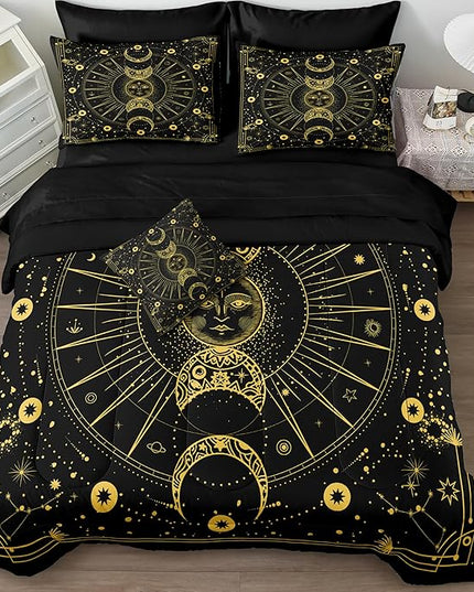 Bedbay Sun Moon Comforter Set 8 Pcs Black and Gold Trippy Galaxy Bedding Set Bed in a Bag Constellation Horoscope Bedding King Bed Set Cosmos Celestial Decor Quilted Duvet Insert(Gold,King)
