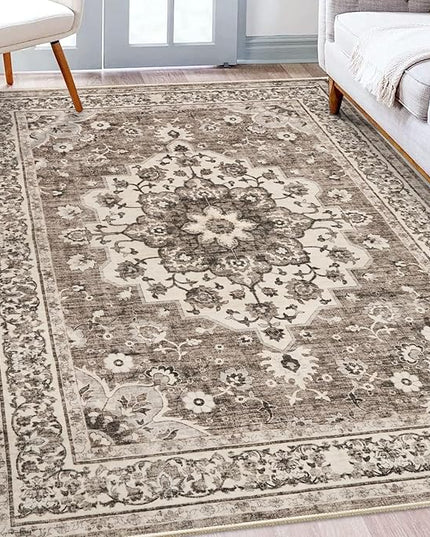 Washable Oriental Area Rug - 5x8 Rugs for Living Room Soft Carpet for Bedroom Waterproof Floral Distressed Indoor Stain Resistant Non-Shedding Floor Carpets (Beige, 5x8)
