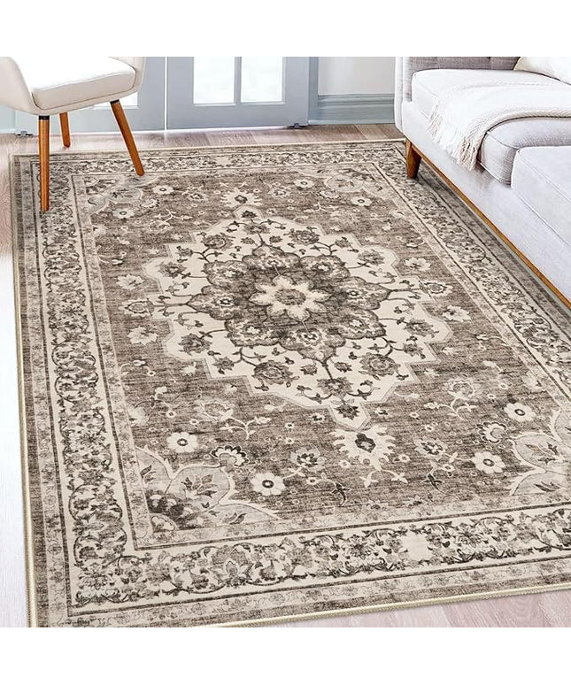 Washable Oriental Area Rug - 5x8 Rugs for Living Room Soft Carpet for Bedroom Waterproof Floral Distressed Indoor Stain Resistant Non-Shedding Floor Carpets (Beige, 5x8)