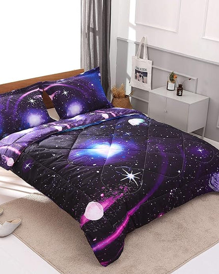 Wowelife Galaxy Comforter Set Full 5 Pieces Bedding Set Blue 3D Galaxy Kids Bedding Set Bed in a Bag for Boys and Girls with Comforter, Flat Sheet, Fitted Sheet and 2 Pillowcases