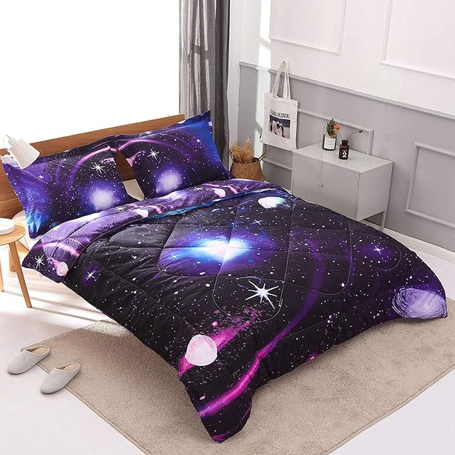 Wowelife Galaxy Comforter Set Full 5 Pieces Bedding Set Blue 3D Galaxy Kids Bedding Set Bed in a Bag for Boys and Girls with Comforter, Flat Sheet, Fitted Sheet and 2 Pillowcases