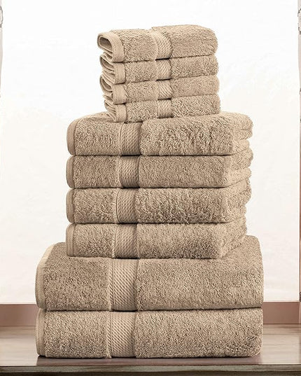 Superior Egyptian Cotton Pile 10 Piece Towel Set, Includes 2 Bath, 4 Hand, 4 Face Towels/Washcloths, Ultra Soft Luxury Towels, Thick Plush Essentials, Guest Bath, Spa, Hotel Bathroom, Latte
