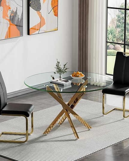 HomVent Round Glass Dining Table Set for 2, 3-Piece Modern Kitchen Table Set with 2 PU Upholstered Chair for Kitchen Dining Room, Glass Dining Room Table Set