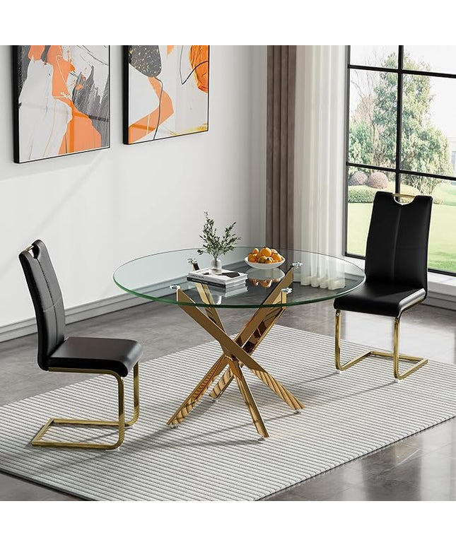 HomVent Round Glass Dining Table Set for 2, 3-Piece Modern Kitchen Table Set with 2 PU Upholstered Chair for Kitchen Dining Room, Glass Dining Room Table Set