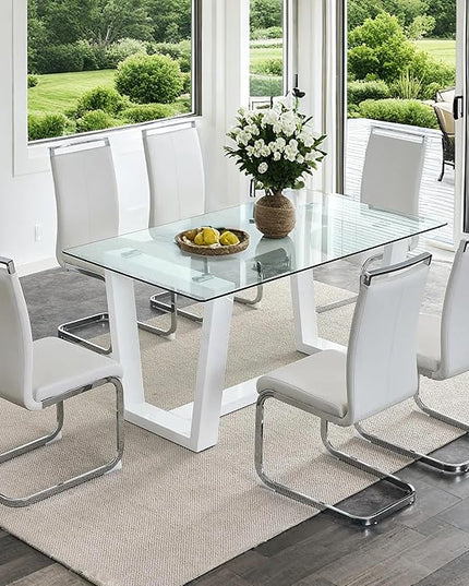 Ebullient Glass Dining Table Set for 6, Modern Dining Table Set for 6, Tempered Glass Tabletop with White MDF Trapezoid Legs, Rectangle Kitchen Table with 6 Faux Leather Chairs for Home Apartment