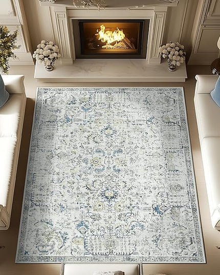 jinchan Kalen Area Rug 9x12 Washable Living Room Rug Vintage Indoor Large Floor Cover Retro Accent Mat Distressed Floral Country Boho Non Slip Thin Carpet for Bedroom Dining Room Office Blue Multi