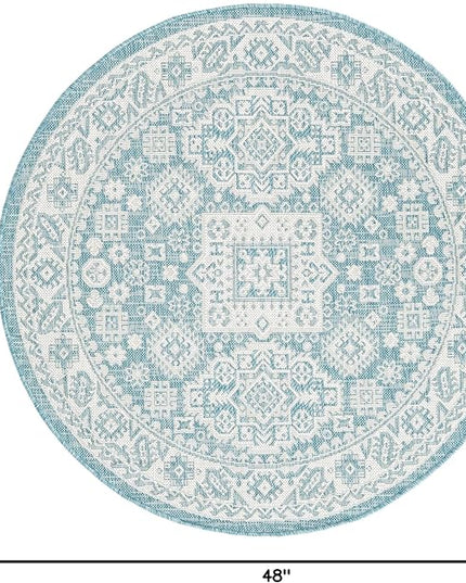 Rugs.com Outdoor Aztec Collection Rug – 4 Ft Round Aqua Flatweave Rug Perfect for Kitchens, Dining Rooms