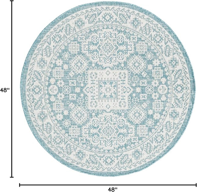 Rugs.com Outdoor Aztec Collection Rug – 4 Ft Round Aqua Flatweave Rug Perfect for Kitchens, Dining Rooms