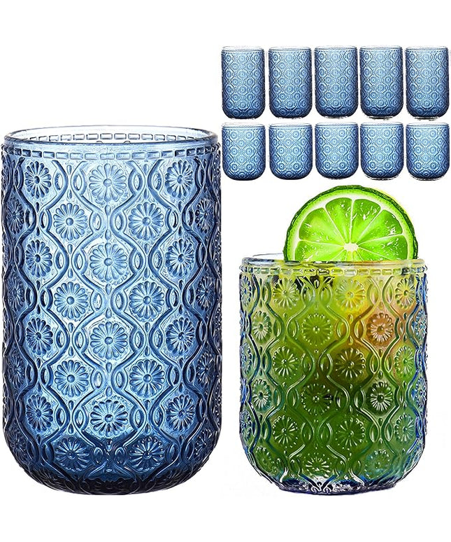 Blue Drinking Glasses Set of 12, 12 Oz Highball & 10 Oz Cocktail Glasses, Blue Kitchen Vintage Glassware Set, Floral Embossed Glass Tumbler Cups for Water, Beer, Juice, Whiskey, Coffee