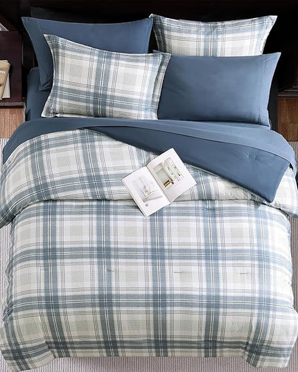 MaiRêve Plaid Twin XL Comforter Set, Blue Grey Grid Bedding Set for Boys & Girls, Classic Checkered Bed in A Bag Comforter Sets with Fitted & Flat Sheet, Pillowcase & Sham(Blue Grey, 66"x90")