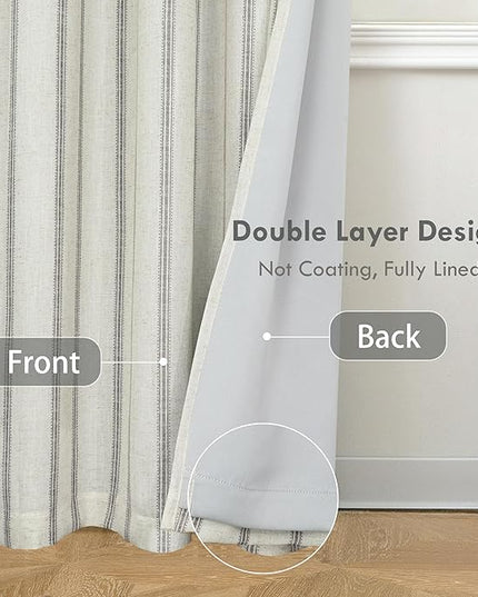 DriftAway Farmhouse Linen Blend Blackout Curtains 84 Inches Long for Bedroom Vertical Striped Printed Linen Curtains Thermal Insulated Lined Treatments for Living Room 2 Panels W52 x L84 Linen Grey