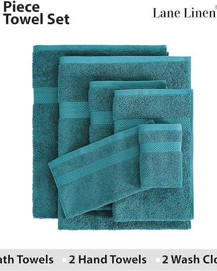 LANE LINEN 100% Cotton 6 Piece Bath Towel Set - Ring Spun, Quick Dry, Super Soft & Highly Absorbent - 2 Bath, 2 Washcloths, 2 Bathroom Hand Towels - Hotel Quality Luxury Bathroom Towel Set - Sea Port