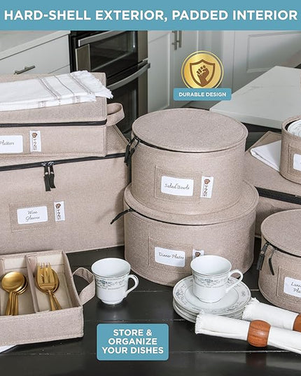 Hard Shell China Storage Containers 8-Piece Set Moving Boxes for Dinnerware, Glasses, Plates, Mugs and Saucers Sturdy Dish Organizer with Dividers for Seasonal Storage - Service for 12 - Brown