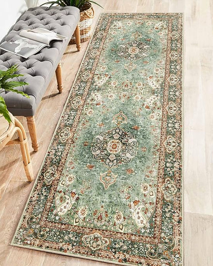 Washable Runner Rug 2x6,Green Rug Runners Non Slip,Long Boho Rugs for Hallways Kitchen Bedroom Entryway Living Room Bathroom,Vintage Bohemian Distressed Oriental Floor Carpet