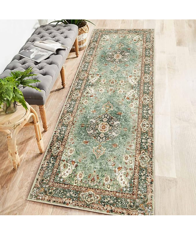 Washable Runner Rug 2x6,Green Rug Runners Non Slip,Long Boho Rugs for Hallways Kitchen Bedroom Entryway Living Room Bathroom,Vintage Bohemian Distressed Oriental Floor Carpet