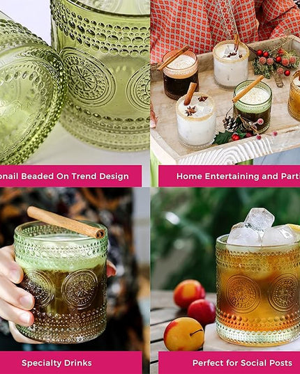 Hobnail Beaded Floral Green Drinking Glasses Set of 6, (10 oz) Vintage Glassware Set by Kate Aspen| Cocktail Glass Set, Juice Glass, Water Cups | Great Hostess Gift & Gift for New Home Owners