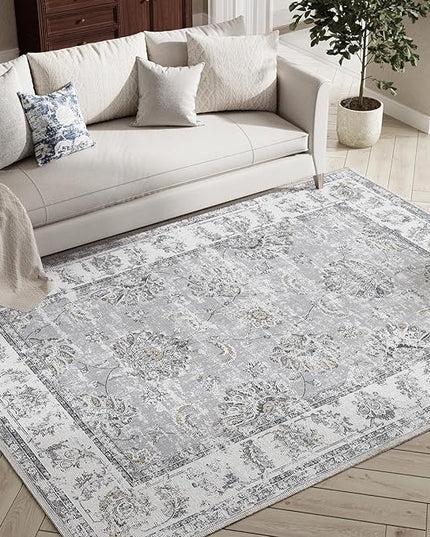 jinchan Fiora 4x6 Area Rugs for Bedroom - Machine Washable Distressed Vintage Floral Design Stain Resistant Boho Carpet Ultra-Thin Low Pile Non-Slip Rug for Living Room Dining Room (4'x6', Grey)
