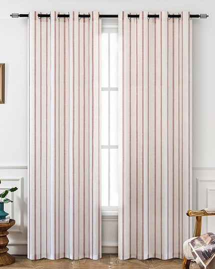 DriftAway Farmhouse Linen Blend Blackout Curtains 108 Inches Long for Bedroom Vertical Striped Printed Linen Curtains Thermal Insulated Lined Treatments for Living Room 2 Panels W52 x L108 Red