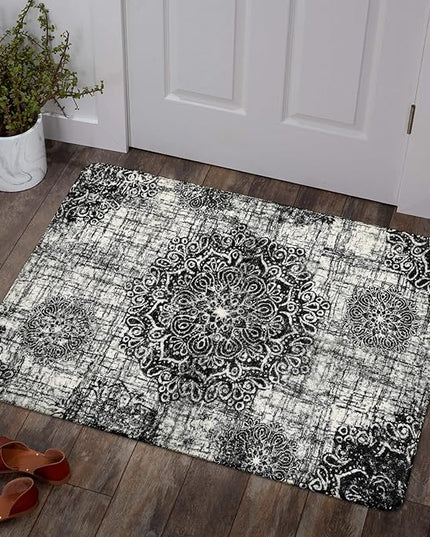 Lahome Vintage Medallion Washable Area Rug - 2'x3' Black Small Entry Rug Accent Distressed Non-Slip Throw Floor Carpet for Door Mat Entryway Bedroom Living Laundry Room Kitchen