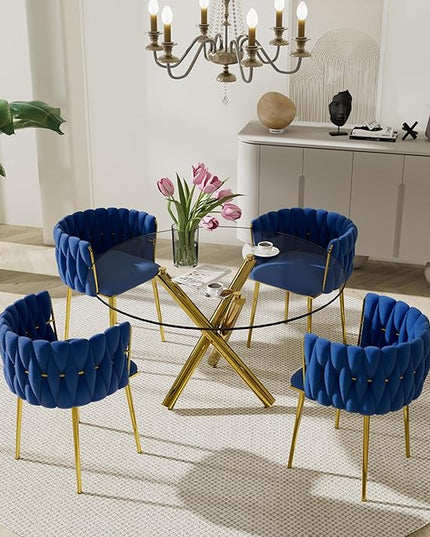 Modern Round Glass Dining Table Set, 5 PCS Luxury Minimalist Circle Dining Room Set for 4, 47'' Clear Circular Kitchen Table and Navy Blue Woven Chair Set of 4, for Living Room Home (Golden)