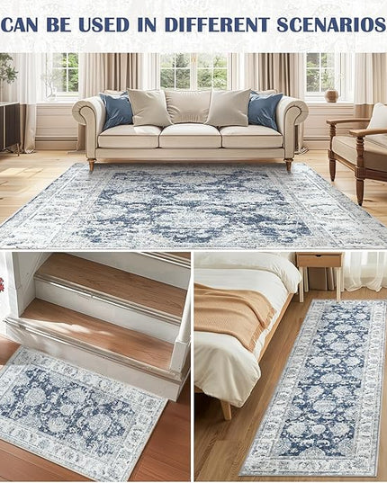 jinchan Fiora Floral 2x3 Rug for Entryway - Vintage Washable Small Non-Slip Distressed Indoor Doormat Ultra-Thin Low-Pile Accent Rug for Entrance Kitchen Bedroom Bathroom (2x3ft, Dark Blue)
