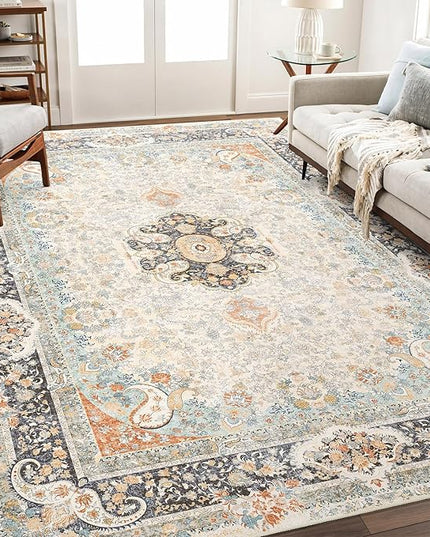 8x10 Area Rugs Washable,Vintage Rug for Living Room Bedroom Dining Room,Large Boho Bohemian Distressed Carpet Non Slip,Retro Blue Grey Floral