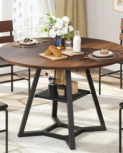 Round Dining Table for 4, Kitchen Tables Dining Room Circle Dinner Table with Pedestal Metal Frame, Space Saving Wood Industrial Kitchen & Dining Room Tables, Walnut 47In