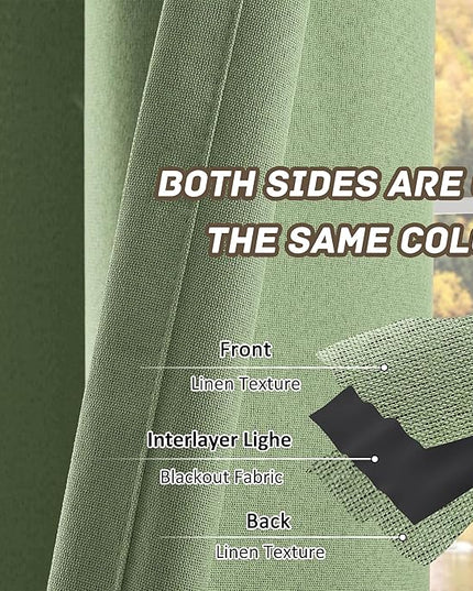 100% Blackout Linen Textured Curtains 120 Inch Length 2 Panels Set for Living Room, Bedroom, Light Weight Curtains with Grommets Top, Full Blackout Curtains Privacy Protection, Green, 52" W x 120" L