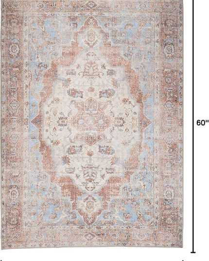 GLN Rugs Traditional Collection - Machine Washable Area Rug, Traditional Washable, Non Slip, Low Pile Chenille Rug, Living Room, Bedroom, Kitchen Rug (3'x5' Brown/Blue)