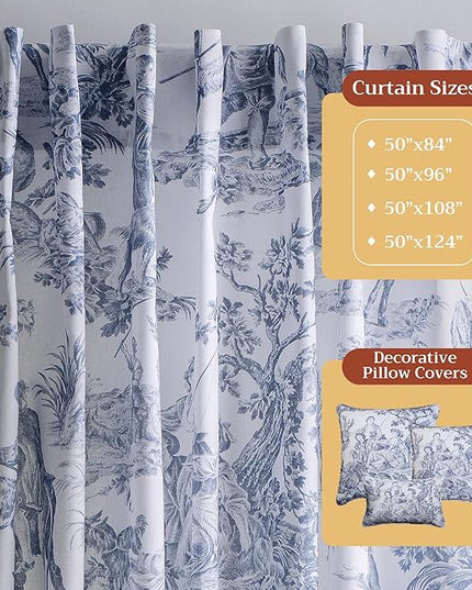Maison d' Hermine Curtains for living room 100% Cotton 108 inch length One Panel Light Filtering Toile Curtains for Bedroom with rod and loop Pockets (The Miller Blue (White Background), 50"W x 108"L)