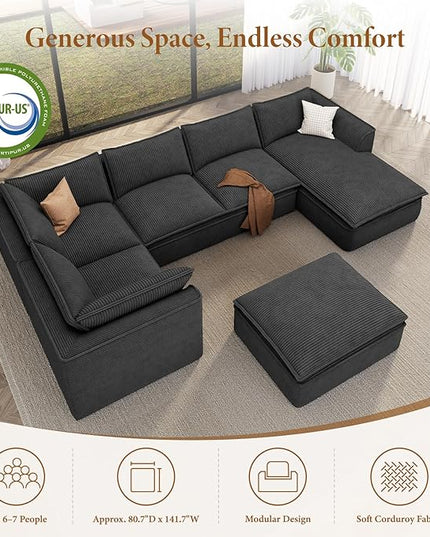 Vesgantti 141.7" Oversized Boneless Sectional Couch, 7 Seater Modular Sofa with Chaise & Ottoman & Armrest, Deep Seat Corduroy Cloud Couches for Living Room, No Assembly Required, Black