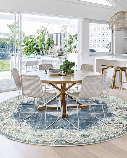 MUJOO Blue Round Rug 6ft,Circle Washable Area Rugs for Bedroom Living Room Bathroom,Boho Large Non Slip Circular Carpet,Floral