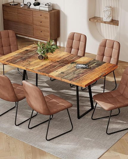 ZckyCine Extendable Dining Table Set 47"-63", Rustic Wood Table with 6 PU Leather Chairs, Modern Scandinavian Dining Room Furniture for Kitchen Apartment