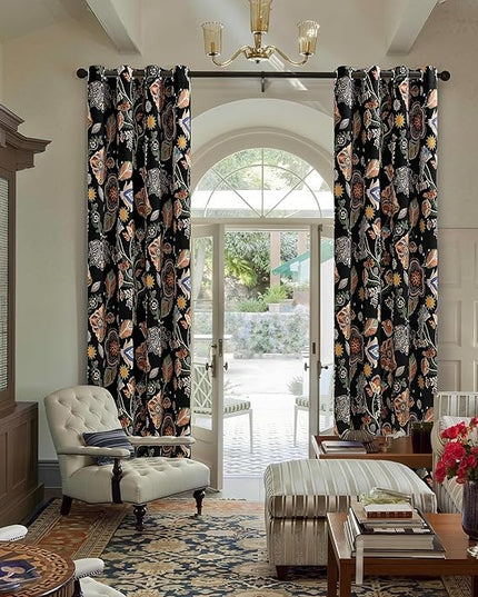 XiDi Black Dark Floral Curtains 102 Inches Long 2 Panels 100% Blackout Patterned Curtains Thermal Insulated Luxury Vintage Flower Botanical Printed Drapes Grommet for Living Room Bedroom Decor 52x102