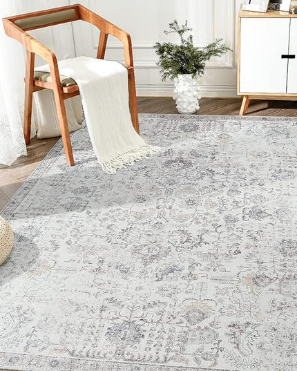 jinchan Kalen Area Rug 5x7 Washable Living Room Rug Vintage Indoor Floor Cover Retro Accent Mat Distressed Gray Floral Country Boho Non Slip Thin Carpet for Bedroom Kitchen Dining Room Office Grey