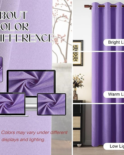 Full Blackout Purple Curtains 120 Inches Long, 100% Shade Privacy Linen Textured Noise Reducing Thermal Insulated Grommet Curtains for Villa Bedroom, Purple, W52 x L120, 2 Panels