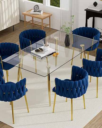 Golden Glass Dining Table Set for 6, 7 PCS Clear Minimalist Glass Top Dinner Table Set, 63'' Modern Luxury Rectangular Kitchen Table Set with Navy Blue Woven Chair, for Home Large Living Room