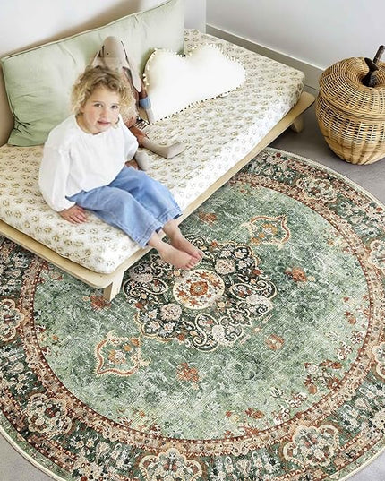 Green Round Rug 6ft,Large Circle Area Rugs for Bedroom Living Room Dining Room,Washable Boho Vintage Bohemian Distressed Oriental Floral Carpet Non Slip,Sage