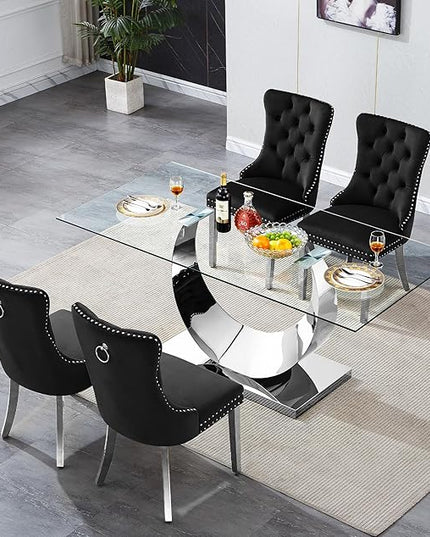 5 Piece Dining Table Set, Modern Glass Dining Table Set for 4, 70" Luxury Glass Table w/Silver Stainless Steel Base & 4 Black Tufted Chairs, Kitchen Dining Room Sets for 4 for Breakfast Dinner Dinette