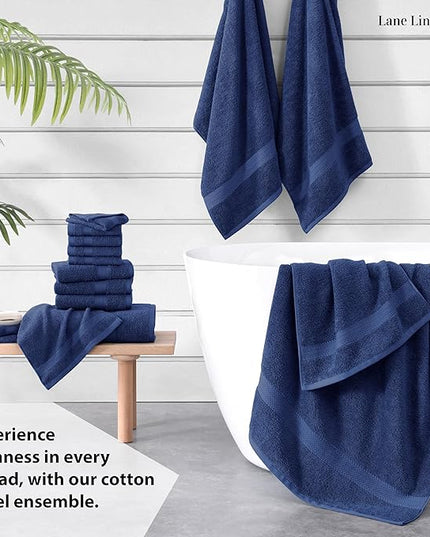 LANE LINEN 100% Cotton Luxury Towel Set for Bathroom - 16 Pieces, Ring Spun - Plush, Soft & Highly Absorbent - 4 Shower Towels, 8 Washcloths, 4 Hand Towels - Complete Bathroom Towel Set - Navy Blue