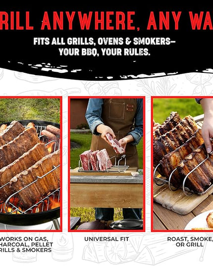 Rib Rack for Smoking & Grilling, Holds up to 4 Full Racks of Ribs, Foldable Design, Fits Large Gas Smoker or Charcoal Grill, Perfect BBQ Accessory, Smoker Accessories, Gifts for Men, Father