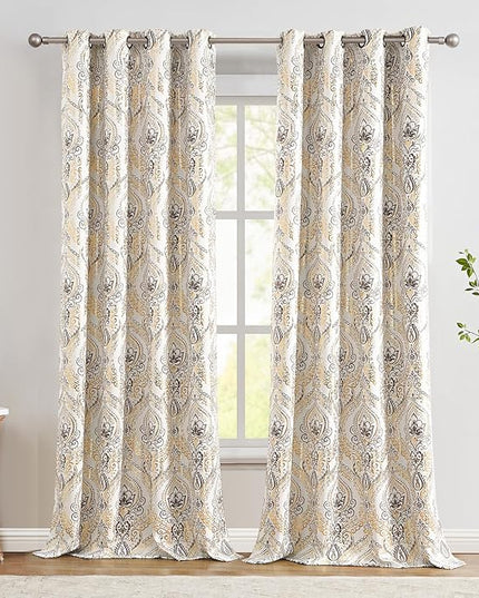 jinchan Blackout Curtains 96 Inches Long Golden Foil Damask Medallion Window Curtains for Bedroom Grommet Thermal Insulated Drapes for Living Room Vintage Luxury Window Treatments Set 2 Panels