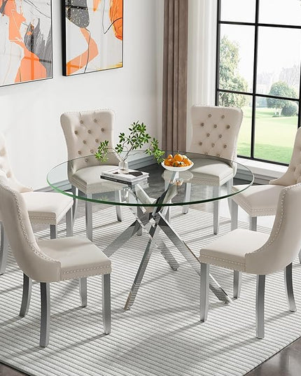 HomVent 7 Piece Round Glass Dining Table Set, Tempered Glass Dinner Table Set for 6 Kitchen Table Set with 6 Velvet Upholstered Chairs for Kitchen Dining Room