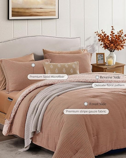 Full Comforter Set - 7 Pieces Autumn Leaf Gauze Muslin Bedding Sets for All Seasons, Lightweight Breathable Bed in a Bag Full with Revesible Farmhouse Comforter, Sheets, Pillowcases & Shams