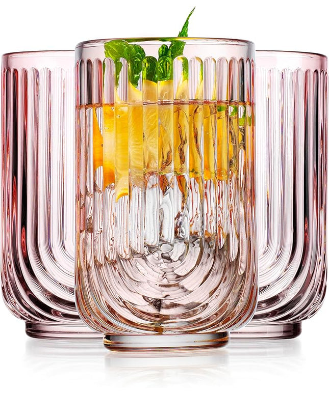 Glaver's Vintage Glassware Art Deco Glasse Ribbed Drinking Glasses U-Shape Arch Design Colored Cocktail Kitchen Tumblers Everyday Dinner Decorative Party (Pink S/4 17oz)