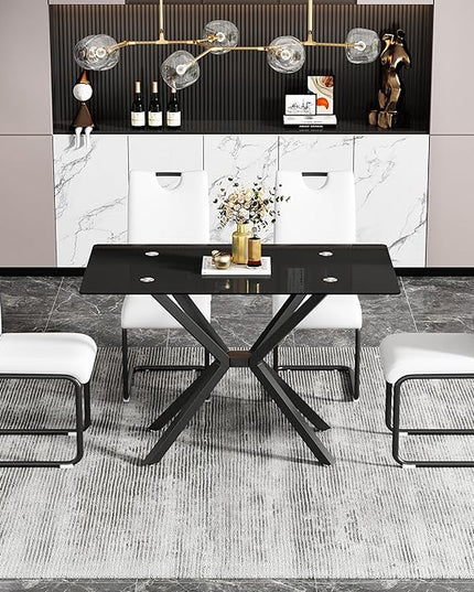47.24" Rectangular Glass Dining Table Modern Kitchen Glass Top Table for 4 with Black Metal Legs, Clear Dining Table Kitchen Table for Home Office Dining Room