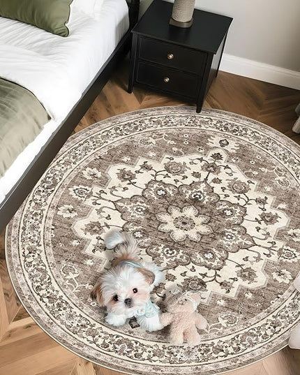 Washable Oriental Area Rug - 5ft Round Rugs for Living Room Soft Carpet for Bedroom Waterproof Floral Distressed Indoor Stain Resistant Non-Shedding Floor Carpets (Beige, 5ft-Round)